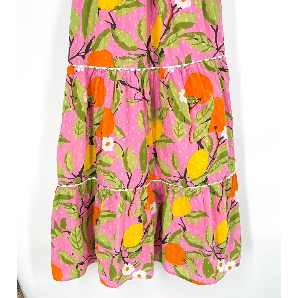 Olivia James The Label Pink Citrus Fruit Print Tiered Maxi Dress Ric Rac Trim XS - Picture 5 of 10